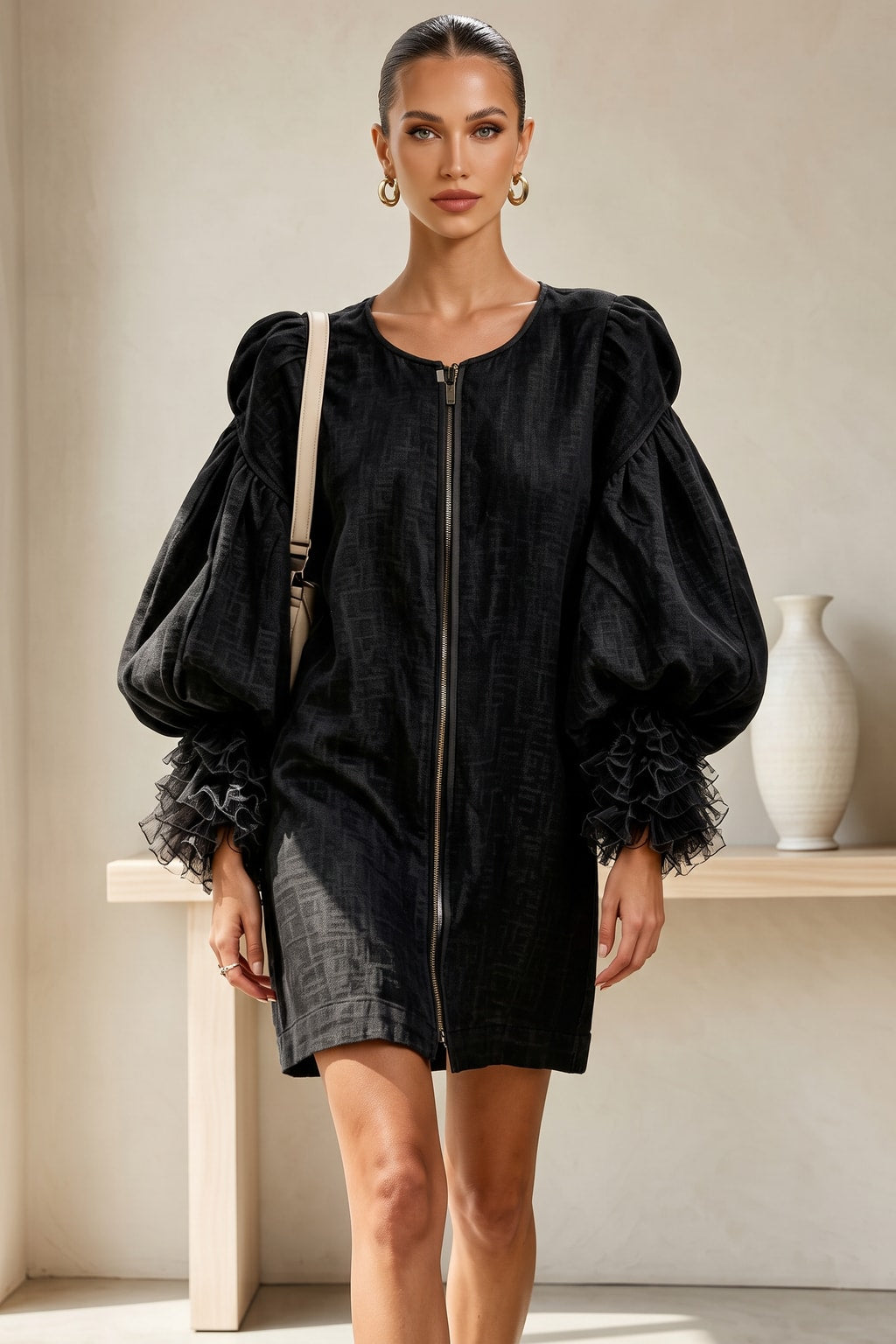 Polyester Mini Dress With Pleated Balloon Sleeves - 8