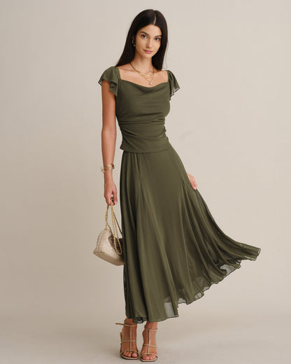Green Mesh A-Line Midi Skirt, Elastic Waist - view 3