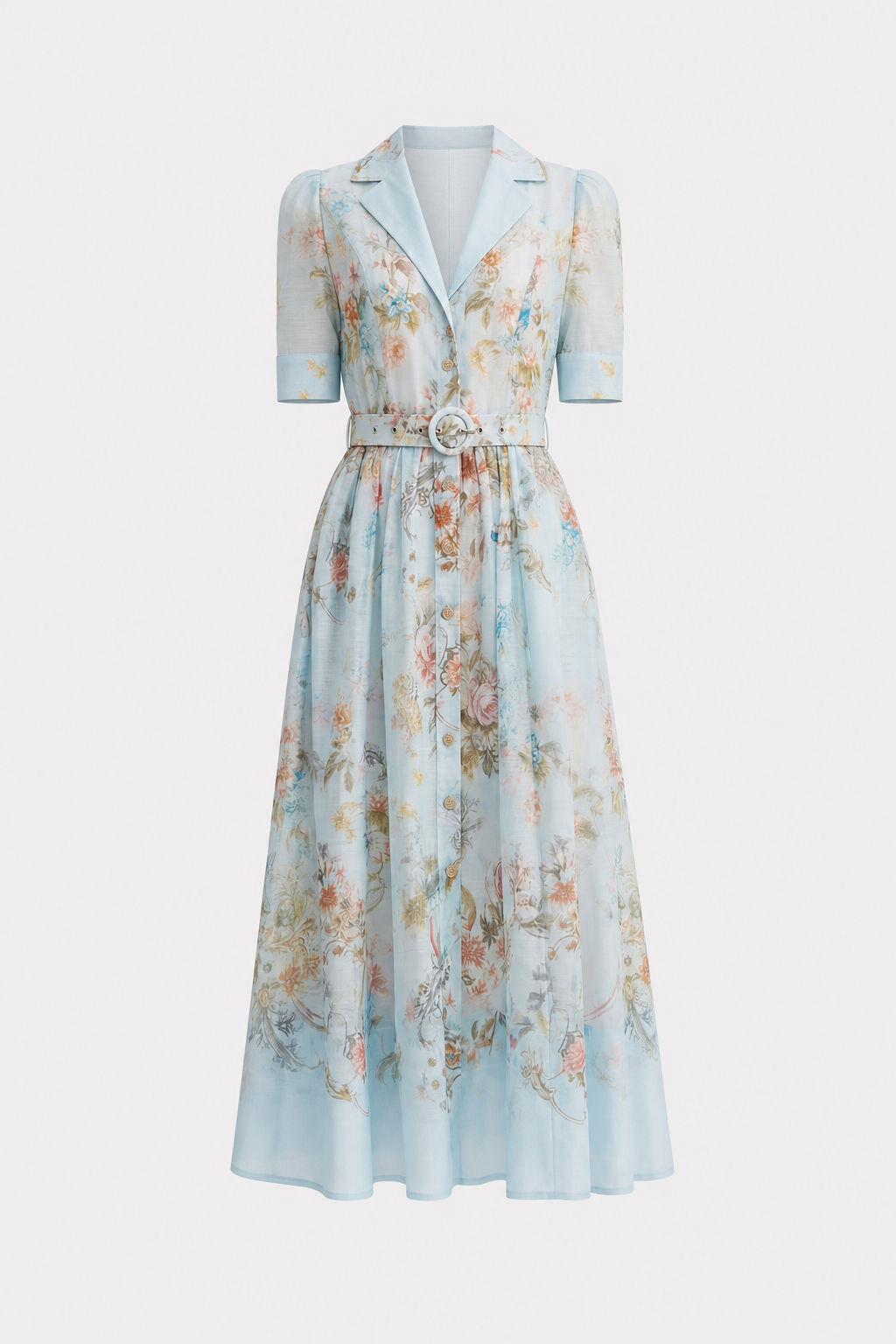 Blue Floral Puff Sleeve Shirt Collar Maxi Dress