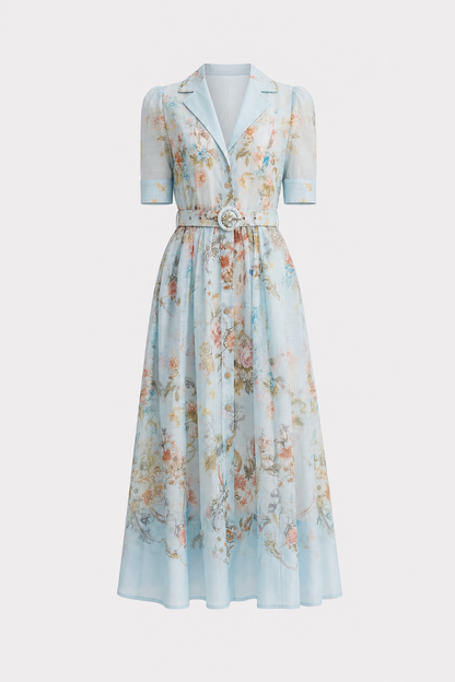Blue Floral Puff Sleeve Shirt Collar Maxi Dress