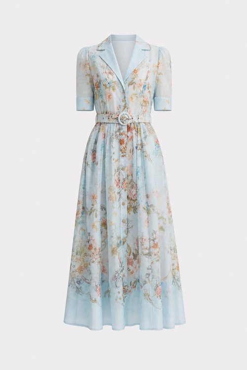 Blue Floral Puff Sleeve Shirt Collar Maxi Dress