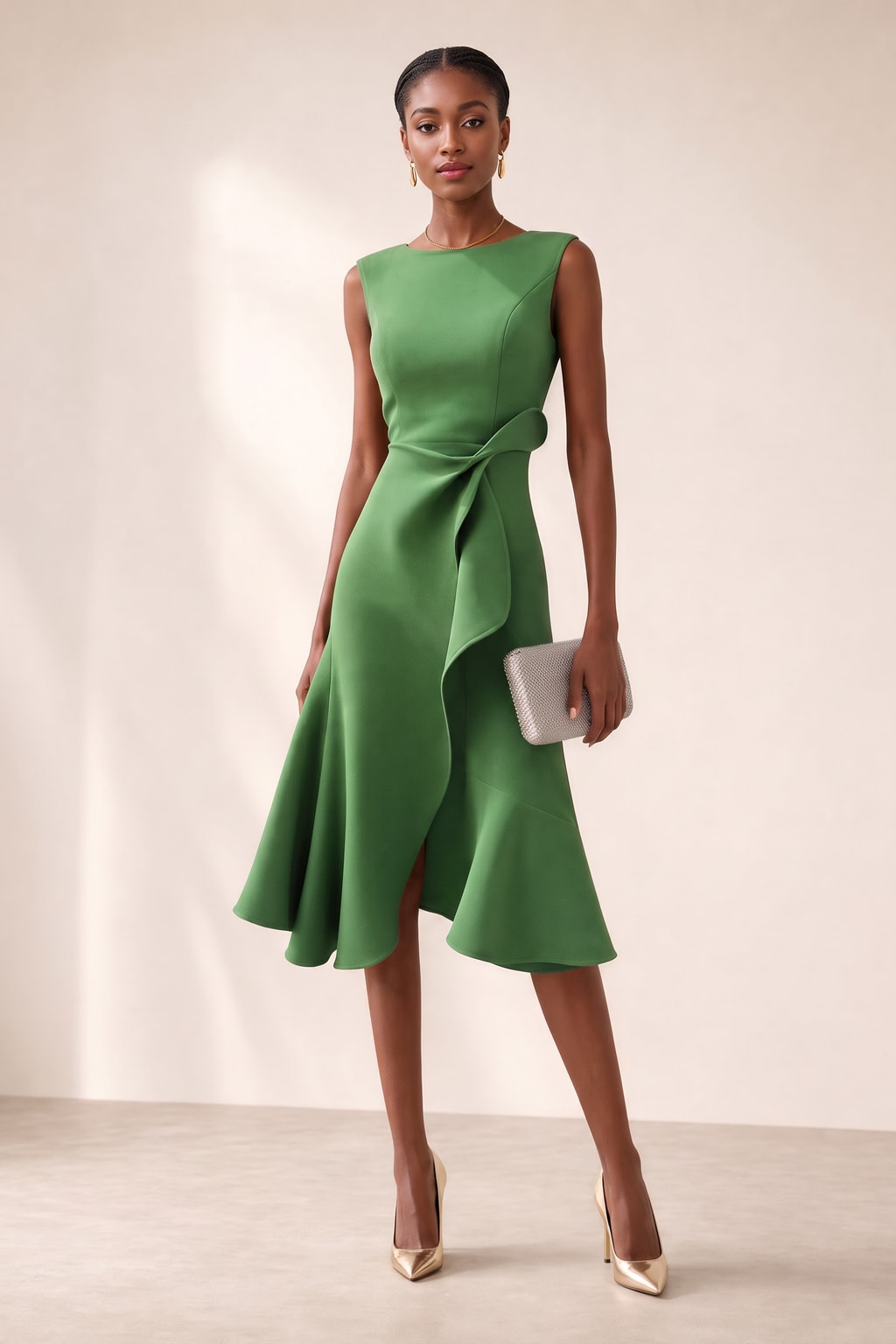 Satin Midi Dress With Asymmetric Draped Detail - 8