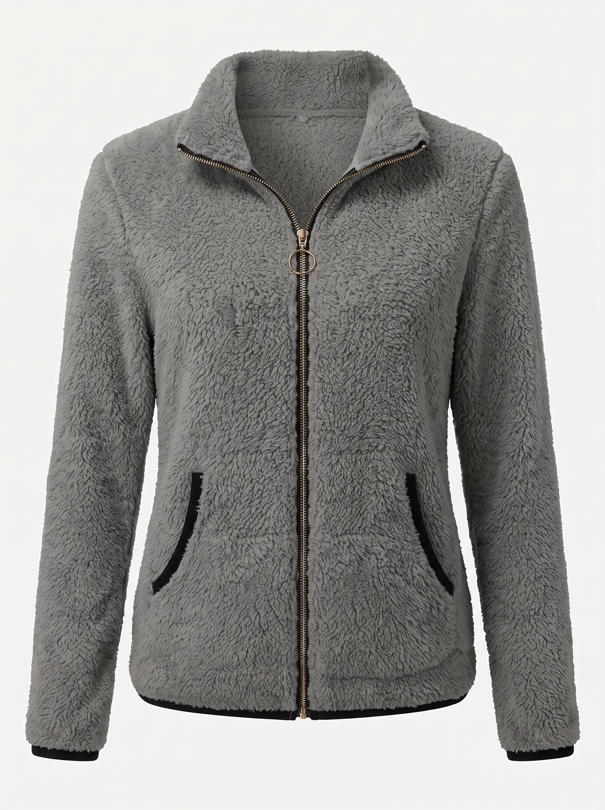 Plush Fleece Zip-Up Jacket With Contrast Trim