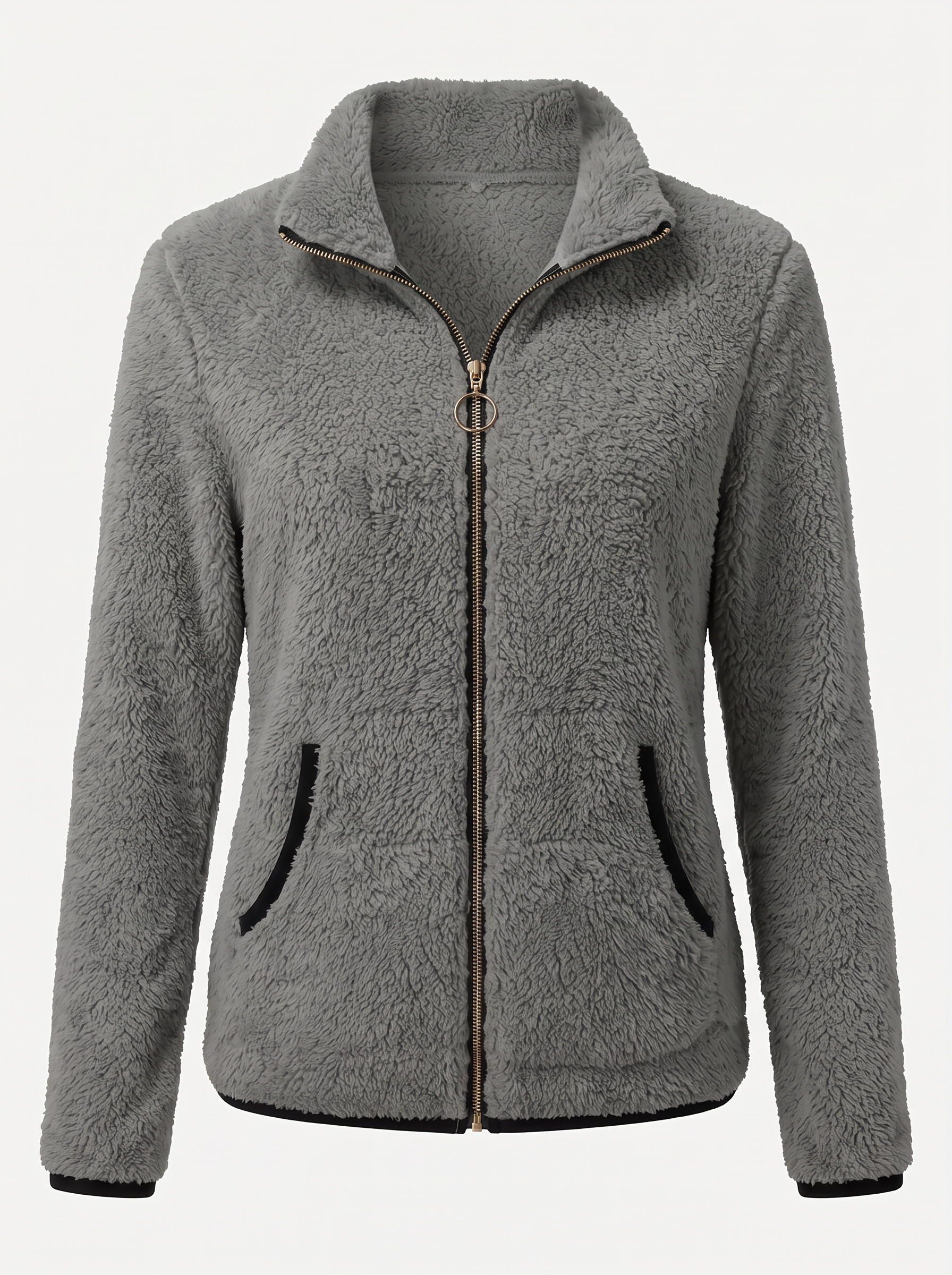 Plush Fleece Zip-Up Jacket With Contrast Trim