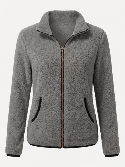 Plush Fleece Zip-Up Jacket With Contrast Trim