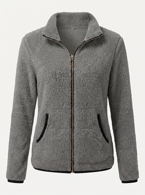 Plush Fleece Zip-Up Jacket With Contrast Trim