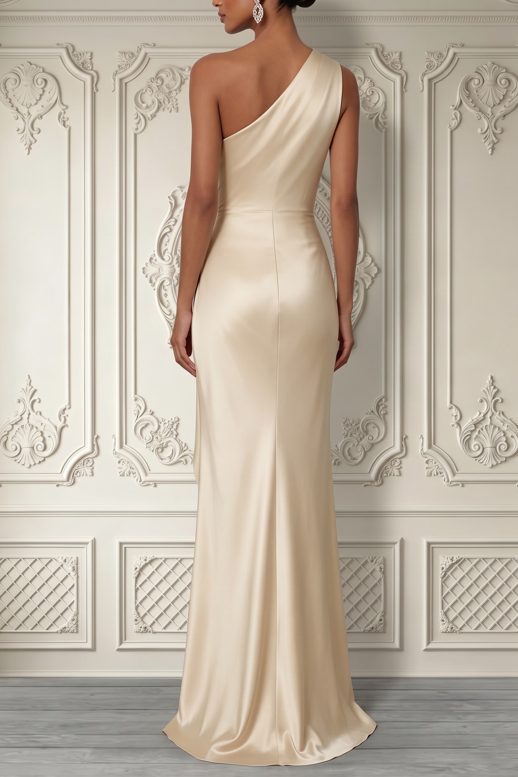 Satin Sheath Gown With Ruched One-Shoulder Bodice - 4