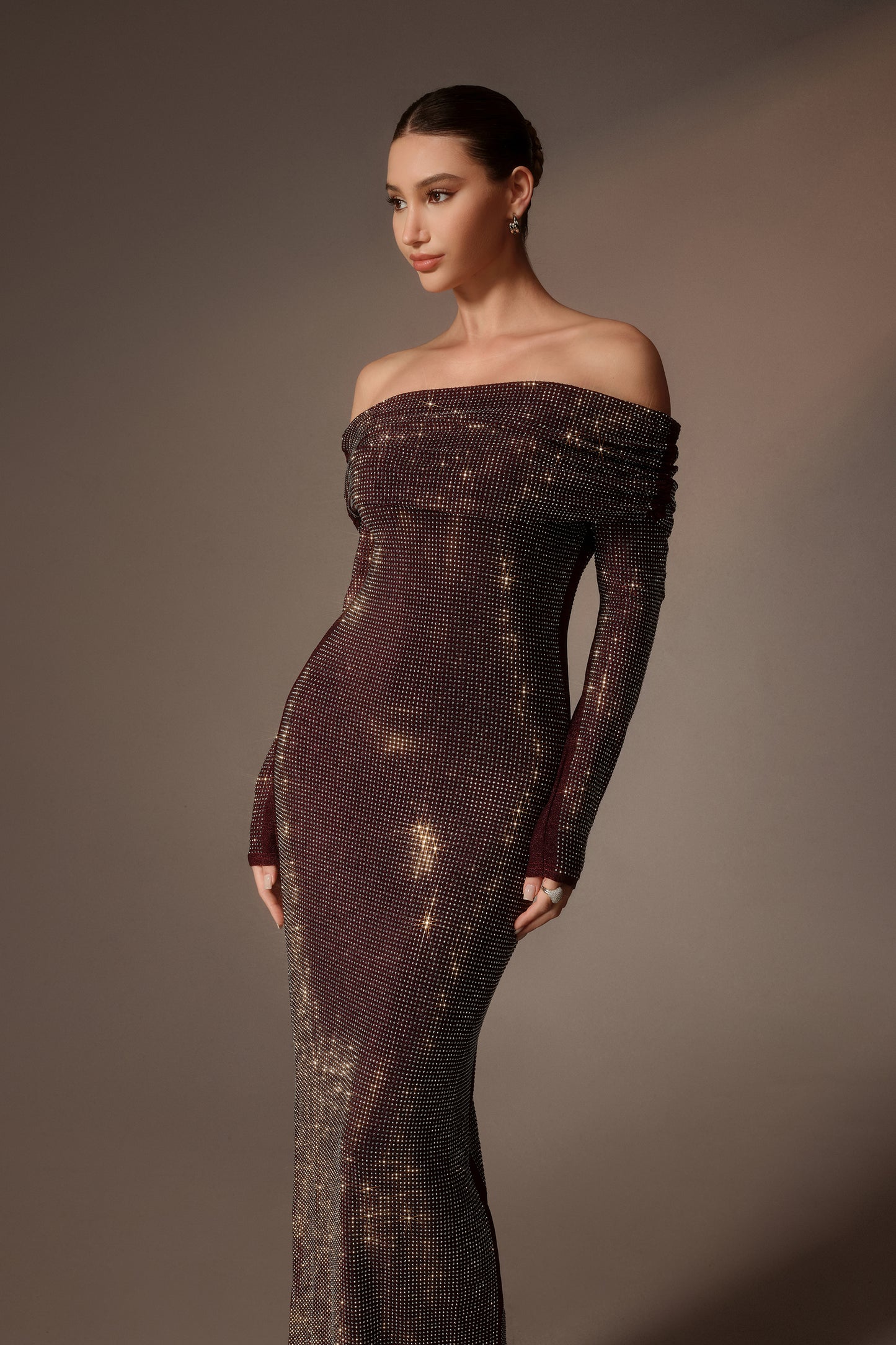 Burgundy rhinestone mesh off-shoulder maxi dress - view 3