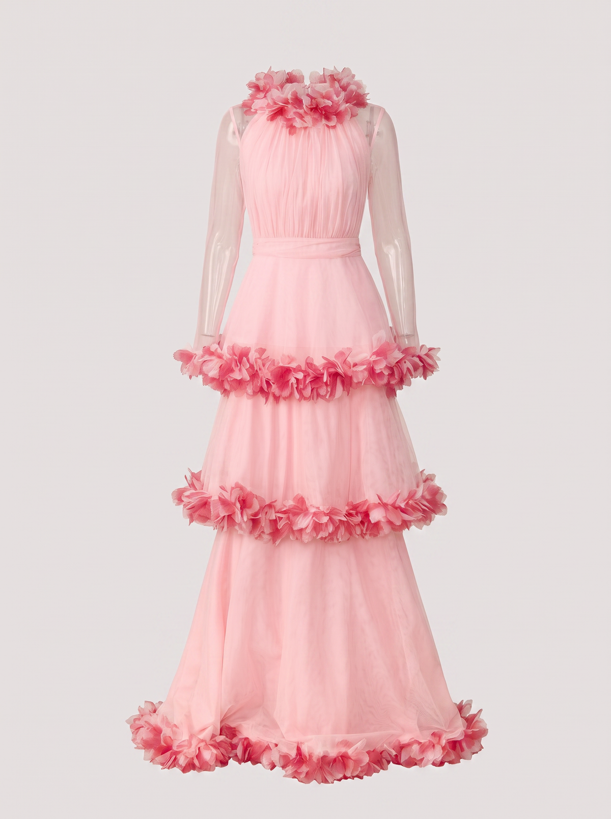 Floral Trim Tiered Mesh Maxi Dress