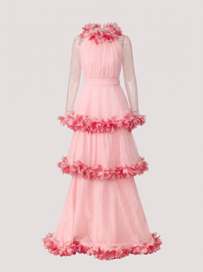 Floral Trim Tiered Mesh Maxi Dress