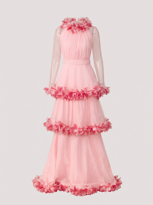 Floral Trim Tiered Mesh Maxi Dress