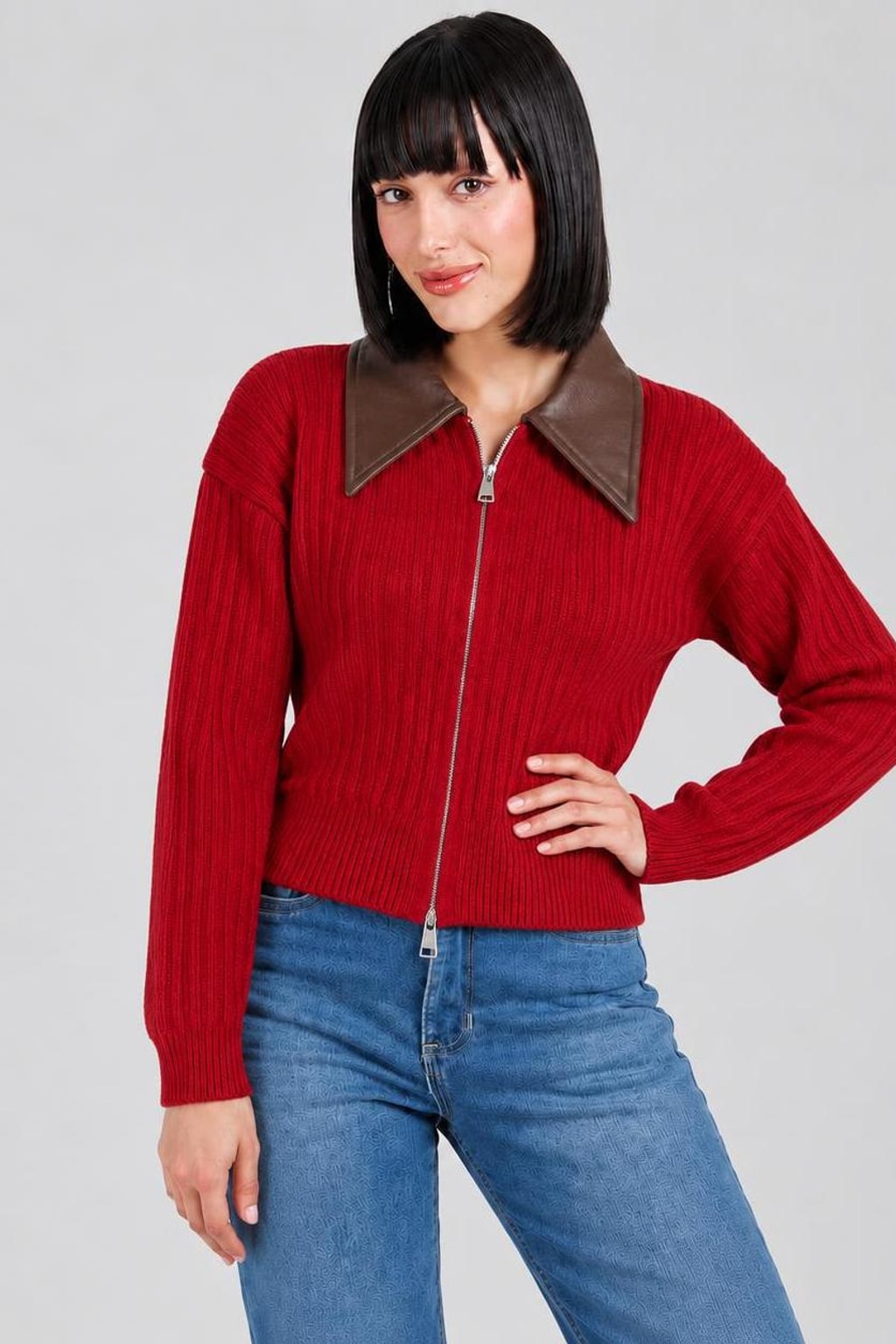 Ribbed Knit Zip-Front Cropped Sweater - 4
