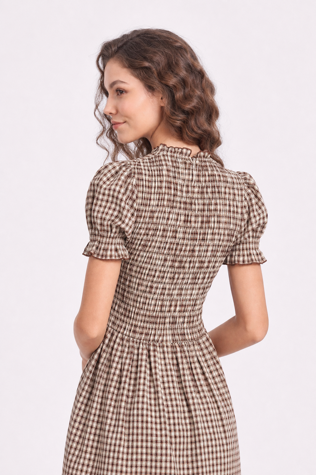 Coffee Gingham Mini Dress with Puffed Sleeves - view 5