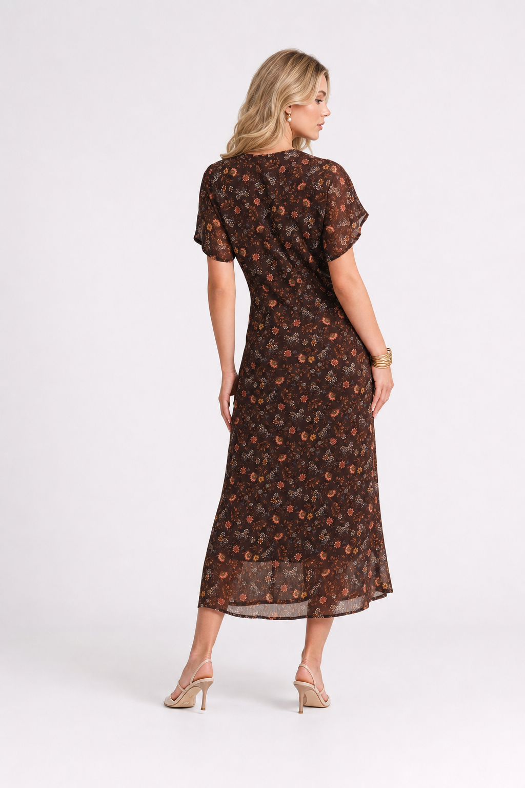 Coffee Floral Chiffon V-Neck Maxi Dress - view 4