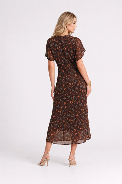 Coffee Floral Chiffon V-Neck Maxi Dress - view 4