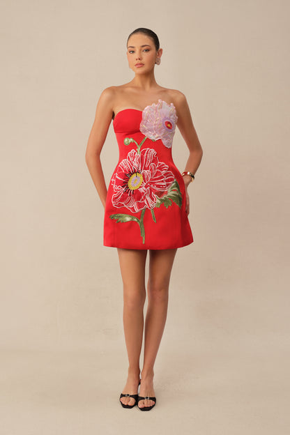 Red satin strapless mini dress with floral embroidery - view 2