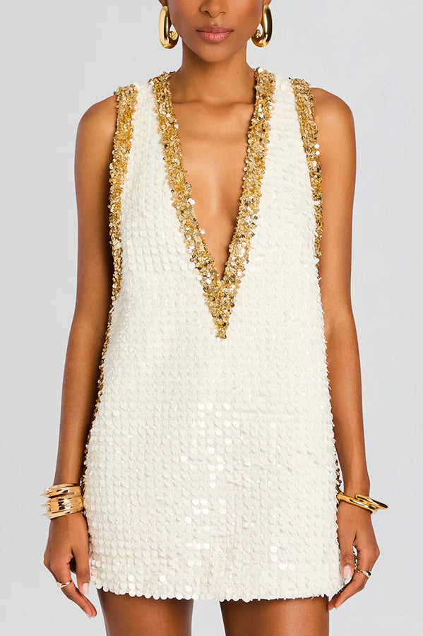 Sequin V-neck A-line mini dress with colorblock trim - view 2