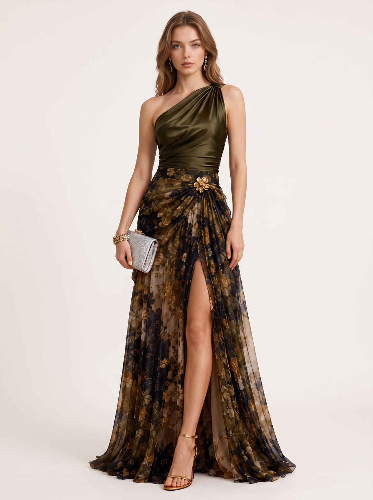 Satin one-shoulder maxi dress with floral tulle hem - view 3
