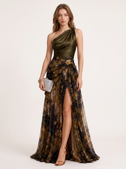 Satin one-shoulder maxi dress with floral tulle hem - view 3