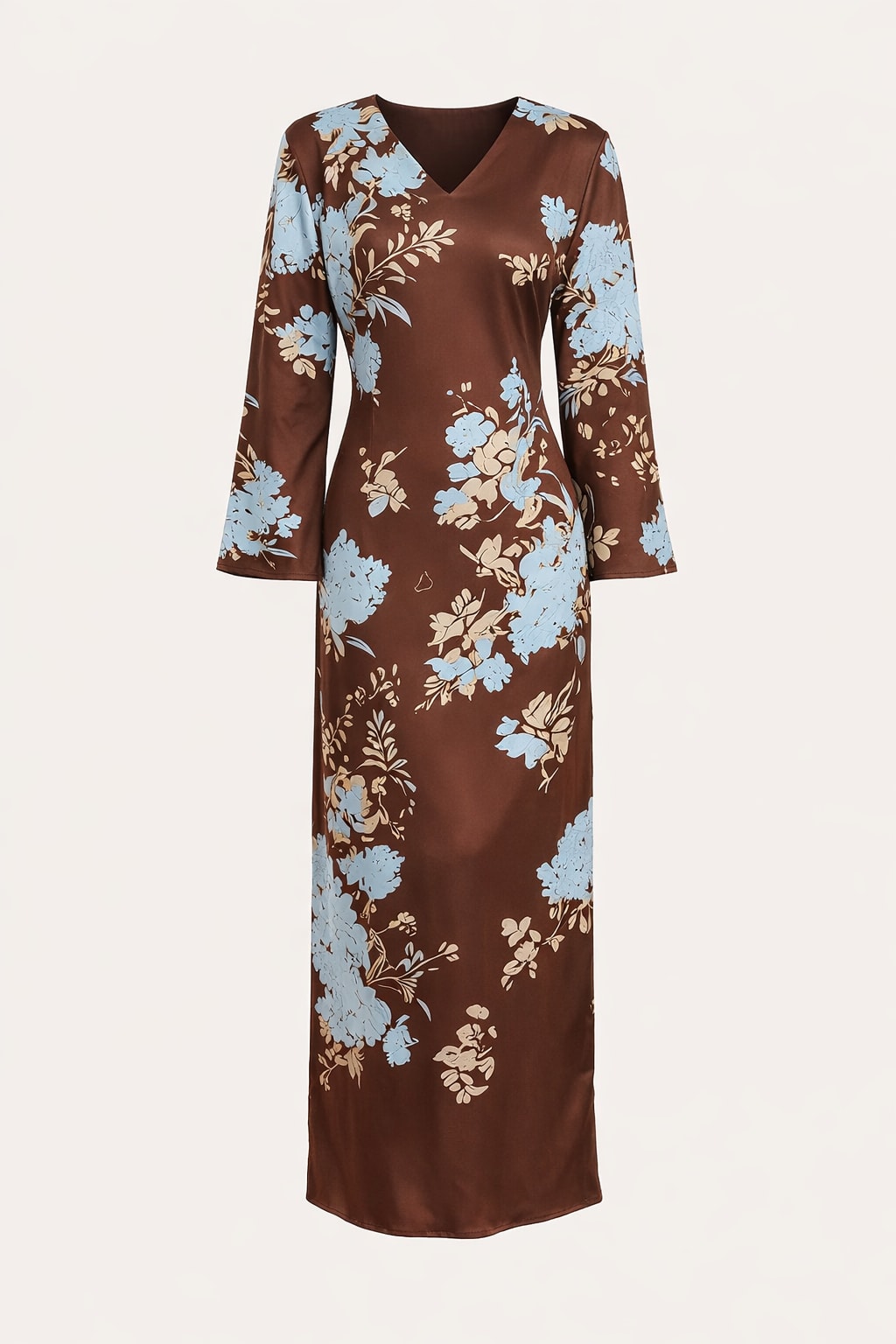 Polyester Satin Maxi Dress With V-Neck & Bell Sleeves - 1
