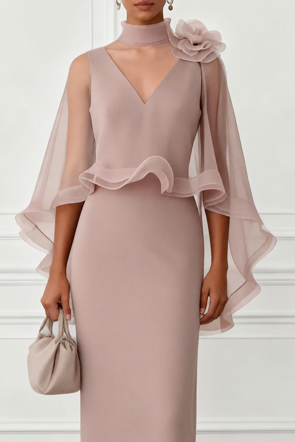 Floral Mesh Cape Sleeve Maxi Dress in Pink - view 4