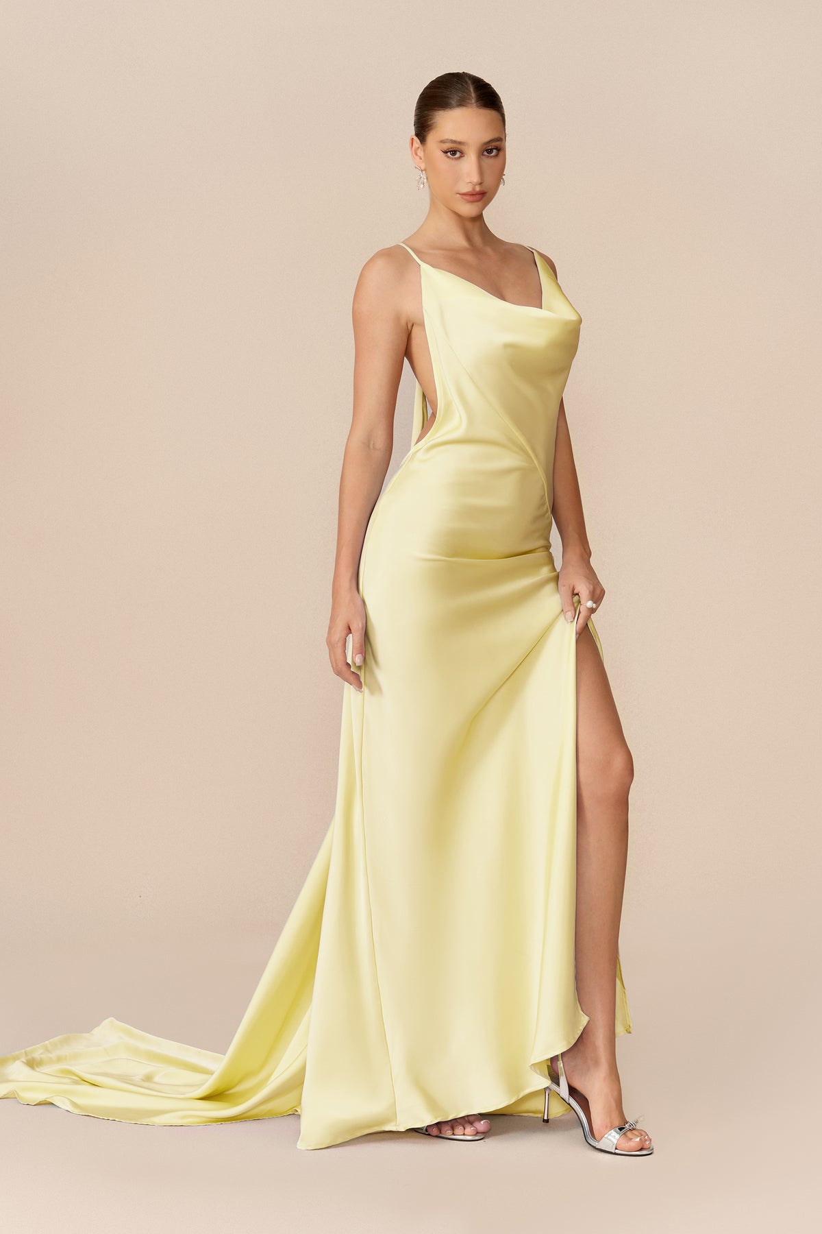 Yellow satin cowl neck maxi dress with high slit - view 5