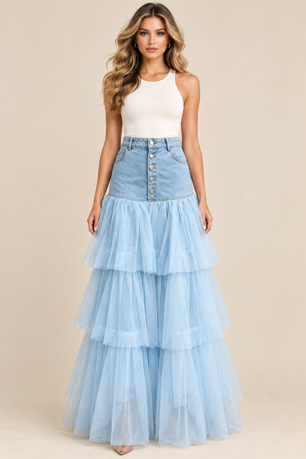 Cotton Blend Maxi Skirt With Tiered Mesh - 3