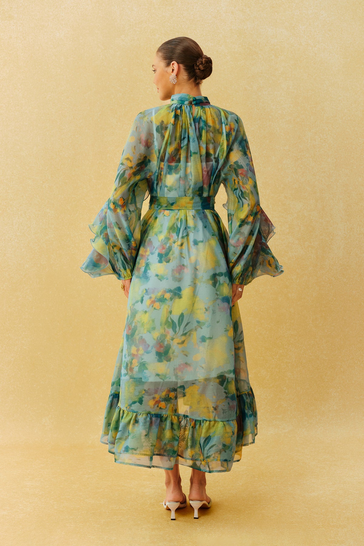 Terylene Ruffle Sleeve High Neck Midi Dress - 5