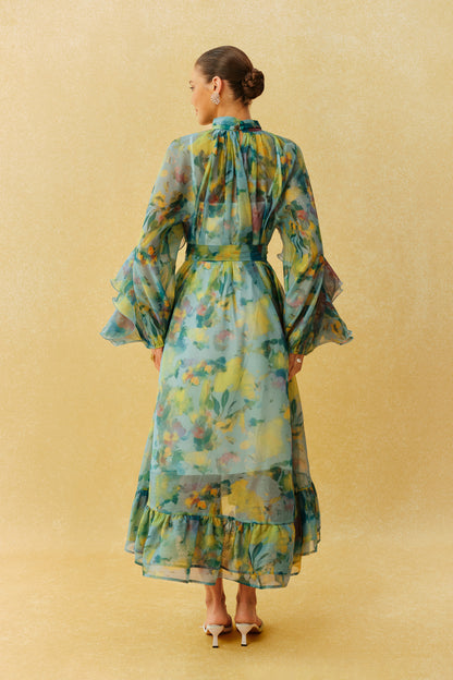 Green ruffle sleeve high neck midi dress - view 5