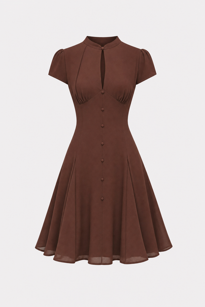 Brown Chiffon Mock Neck Mini Dress with Cutout