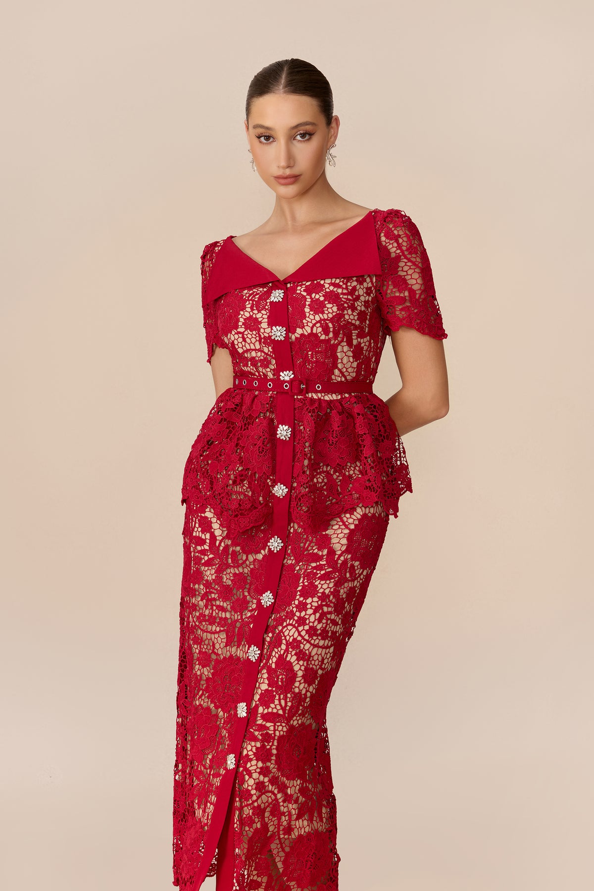 Ruffle Sleeve Off-Shoulder Lace Midi in Red - view 3