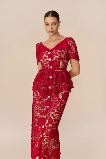 Ruffle Sleeve Off-Shoulder Lace Midi in Red - view 3