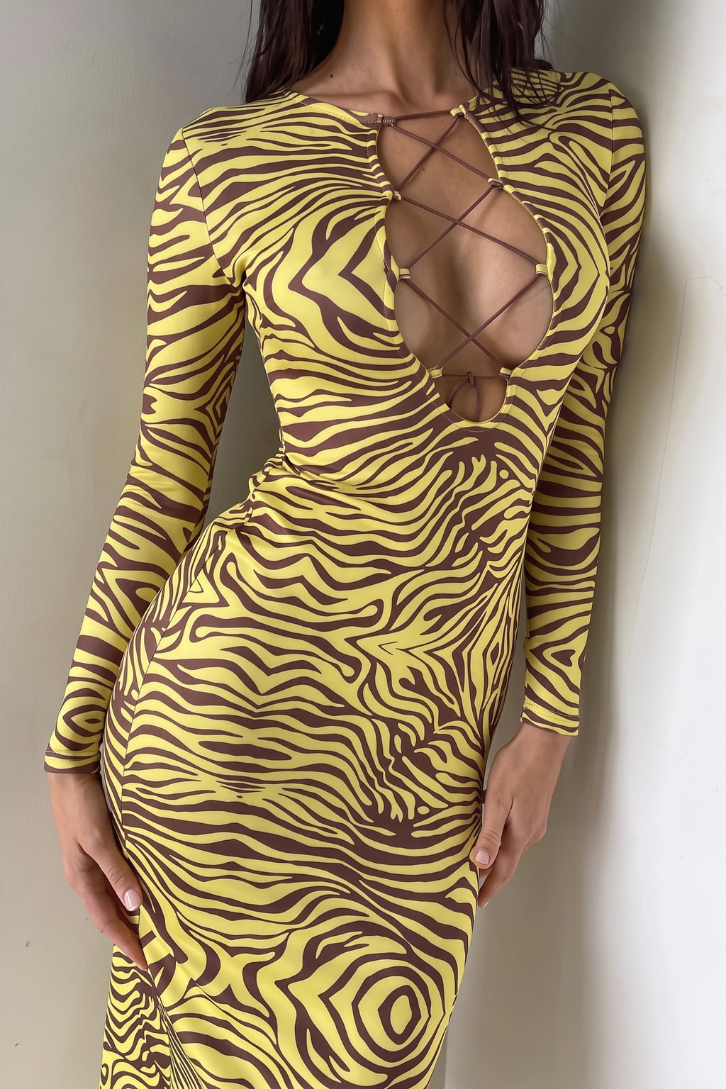 Polyester Pencil Dress Yellow Zebra Print Bodycon Style - 5
