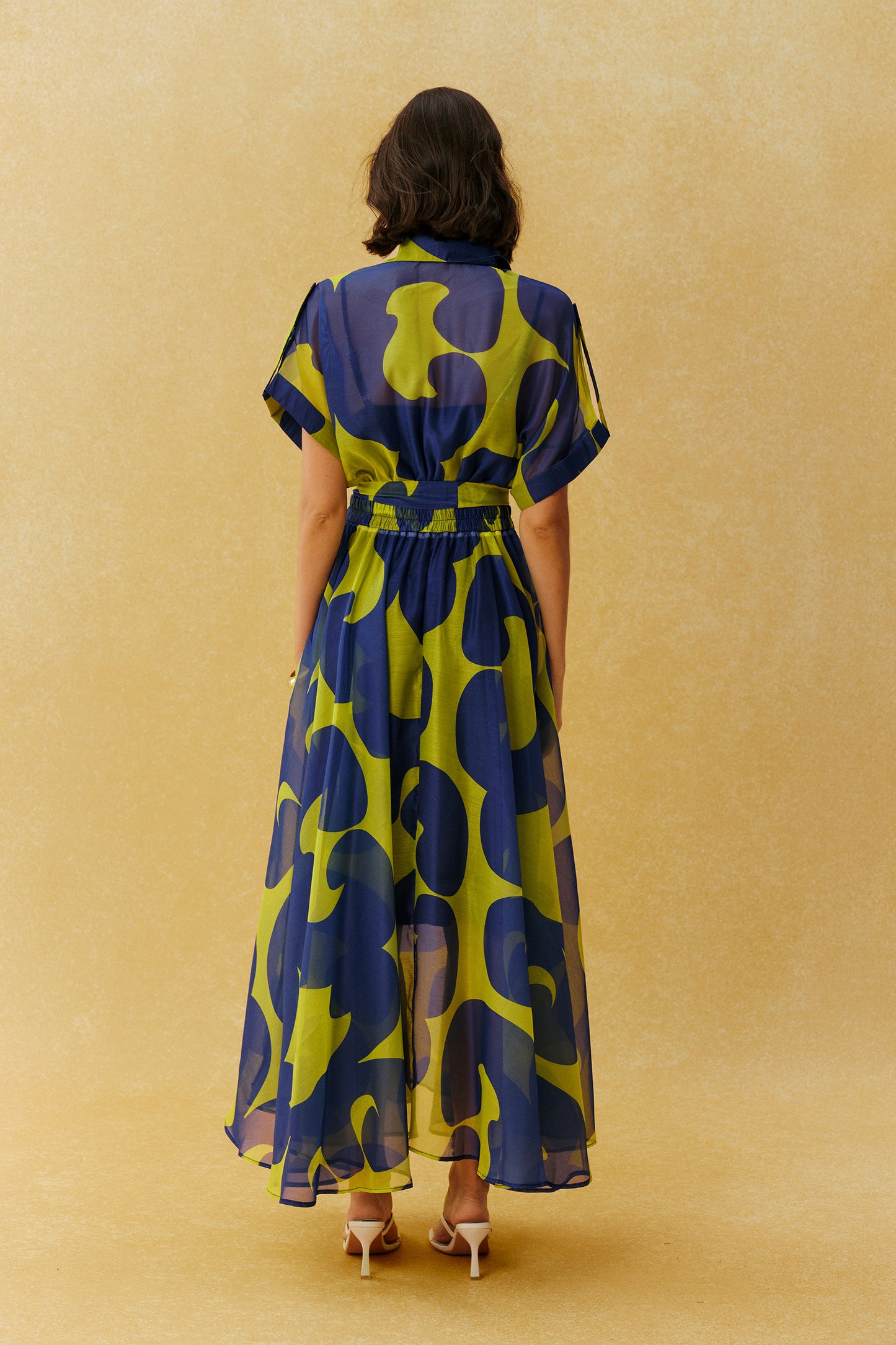 Blue sheer abstract print maxi dress with tie belt - view 4