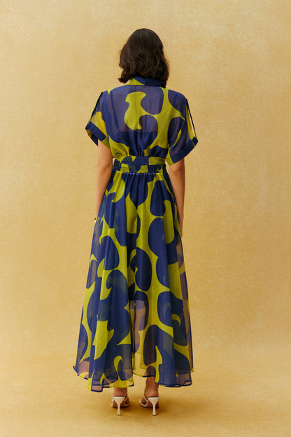 Blue sheer abstract print maxi dress with tie belt - view 4
