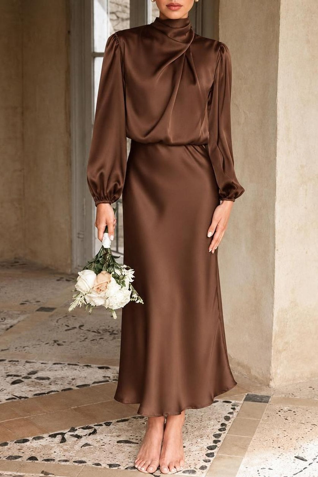 Satin High-Neck Midi Dress - 13