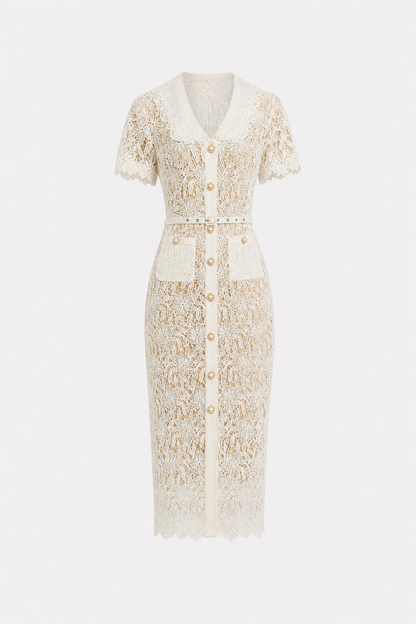 Beige Floral Lace Button-Up Midi Dress