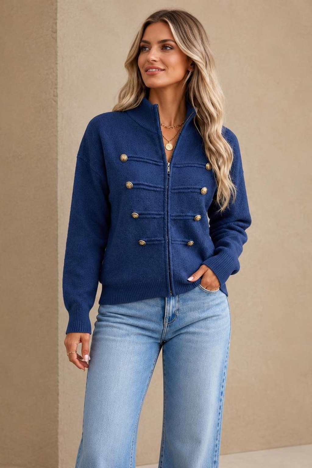 Knit Zip-Front Military-Style Cardigan - 6