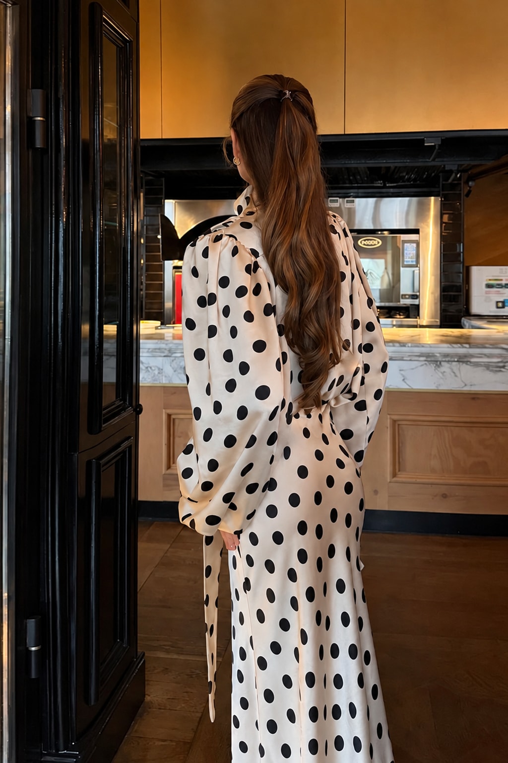 Satin Maxi Dress Polka Dot V-Neck Evening Outfit - 4