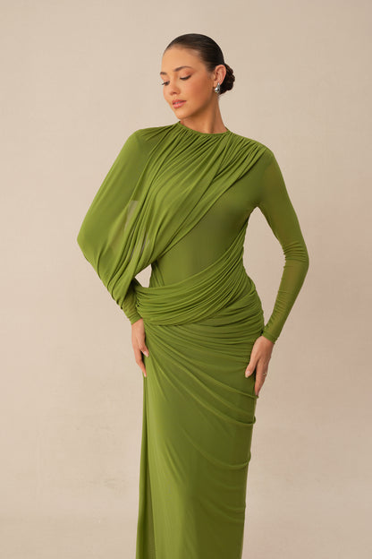 High Neck Maxi Dress with Asymmetric Drape - view 3