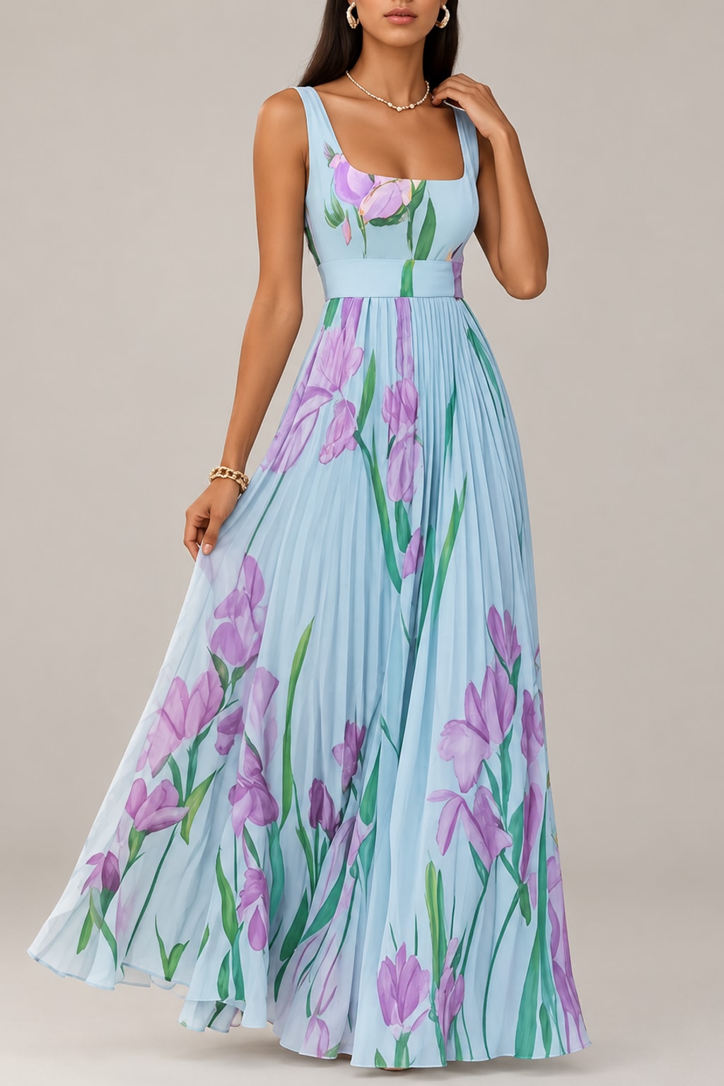 Floral Pleated Midi Dress with Square Neck - 5