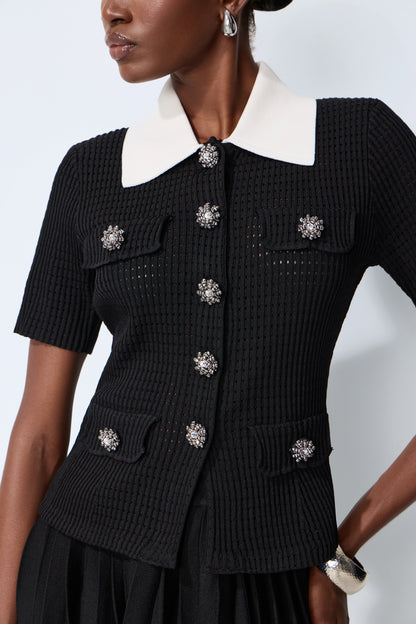 Contrast Collar Knit Top and Pleated Skirt Set - view 3