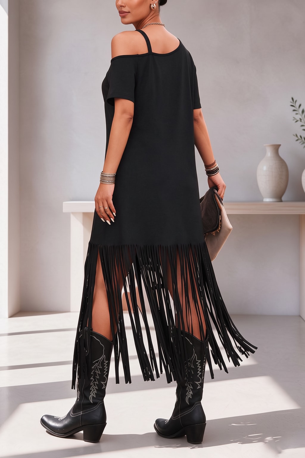 Black Polyester Loose Fit Maxi Dress - 3