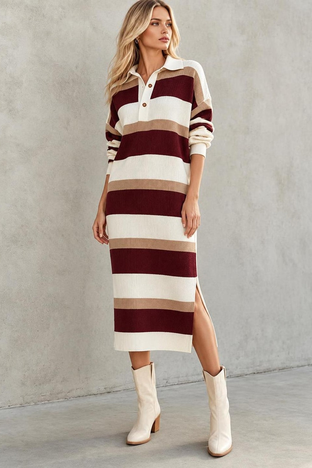 Polyester Sweater Dress With Polo Collar - 3