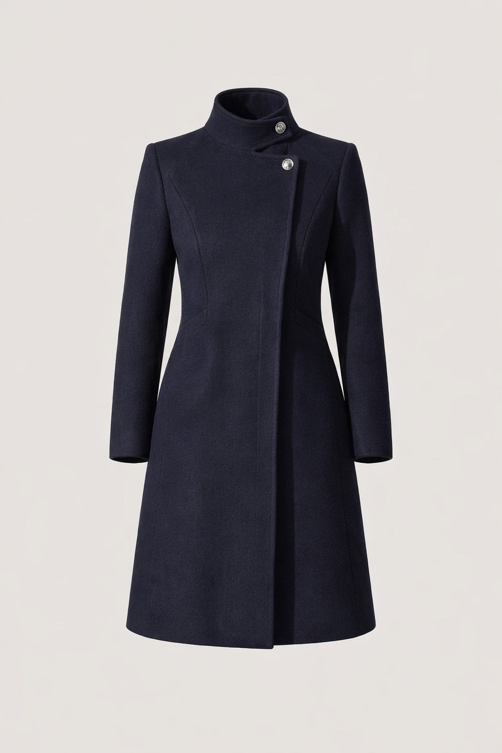 Wool Blend Tailored Coat with Asymmetric Stand Collar - 1