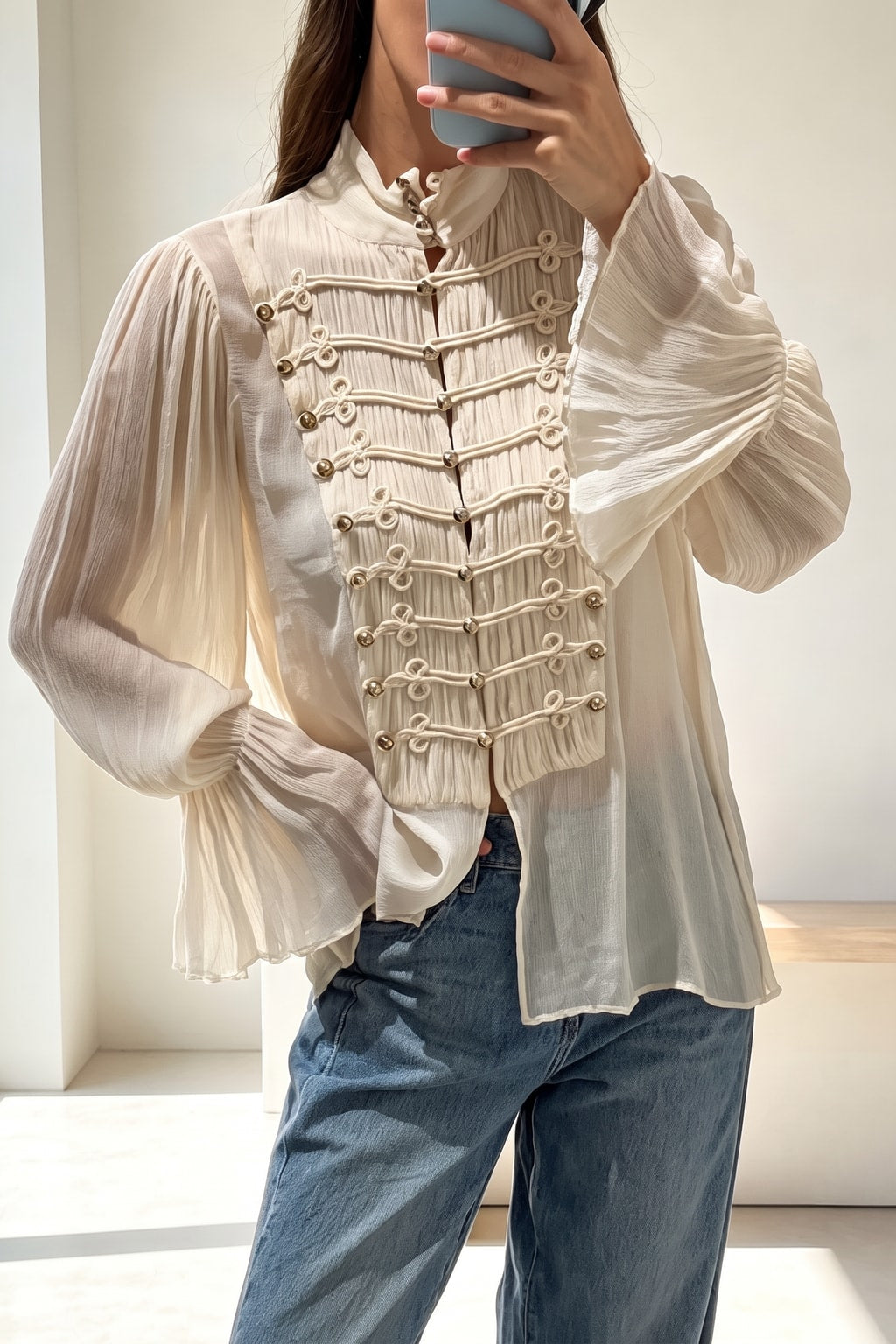 Beige Polyester Button-Down Shirt With Ruffle Sleeves - 2