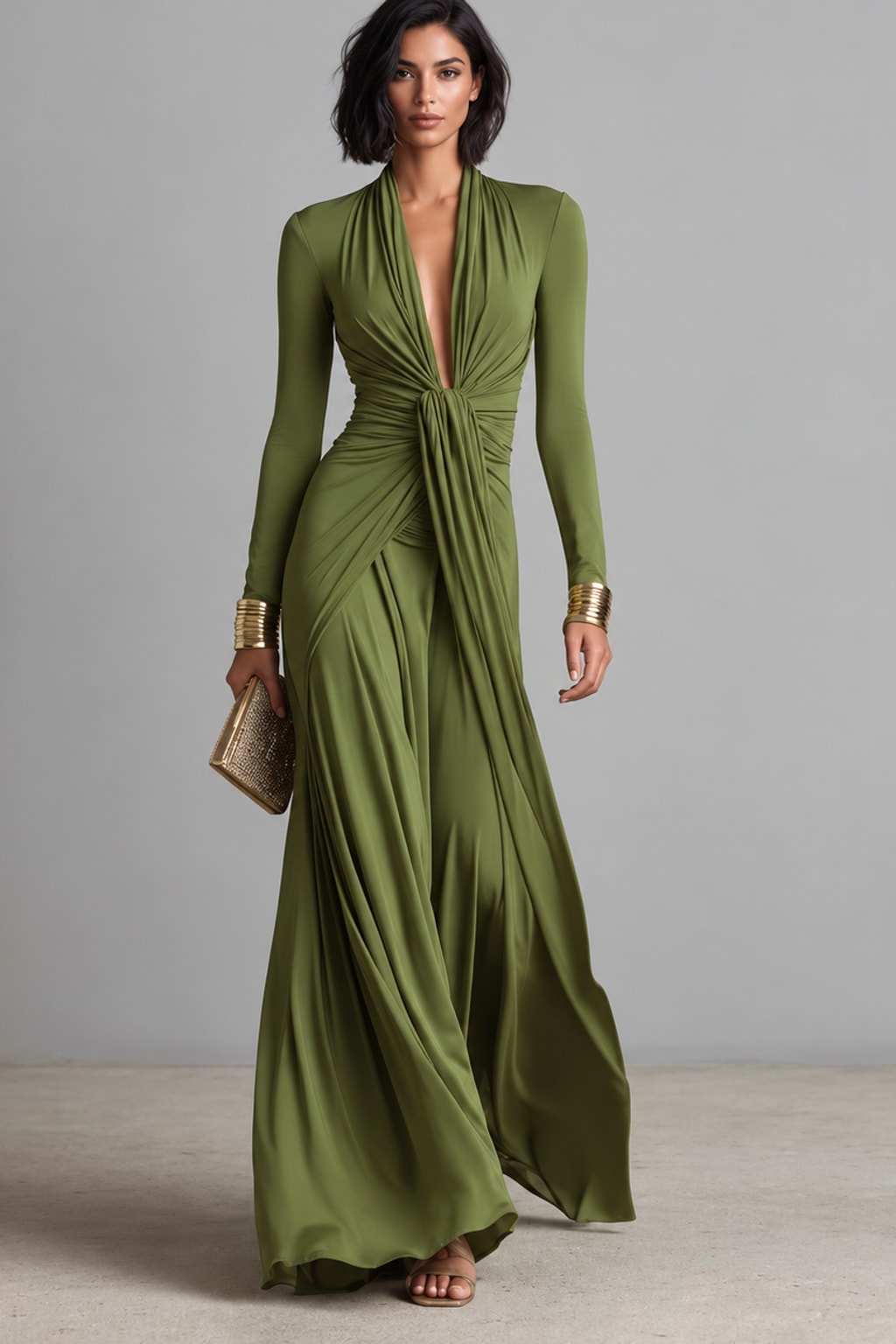 Polyester Maxi Dress V-Neck Wrap Gown - 2