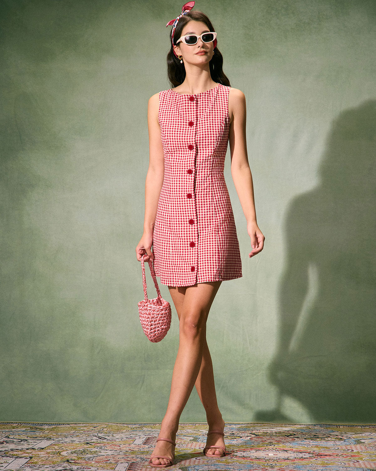Red plaid cotton mini dress with boat neckline - view 2