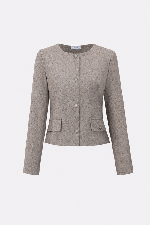 Khaki Single-Breasted Round Neck Blazer