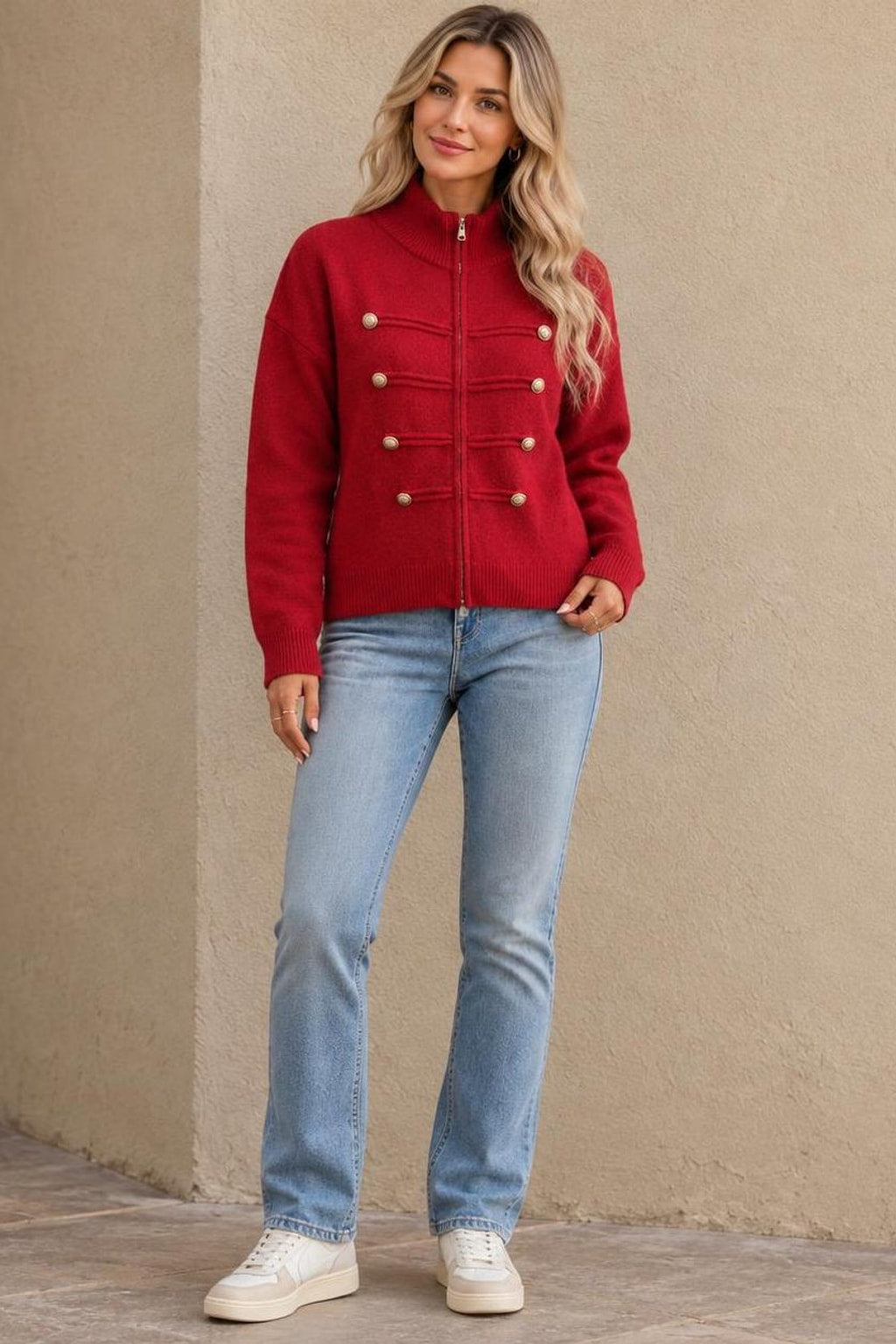 Knit Zip-Front Military-Style Cardigan - 10